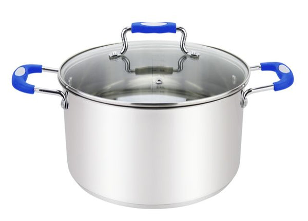 Millvado - Urban, Stock Pot with Glass Lid, Silicone Handles, 18/10 SS,  6 qt Assorted Colors