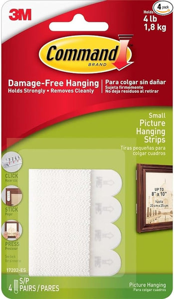 Command Small Picture Hanging, 4 Pairs, White, Strips