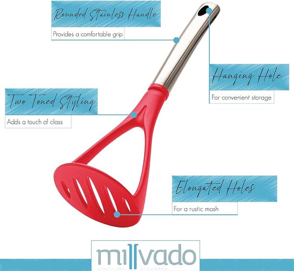 Millvado - Nylon Utensils SS Handle, Potato Masher, 11'' Assorted Colors