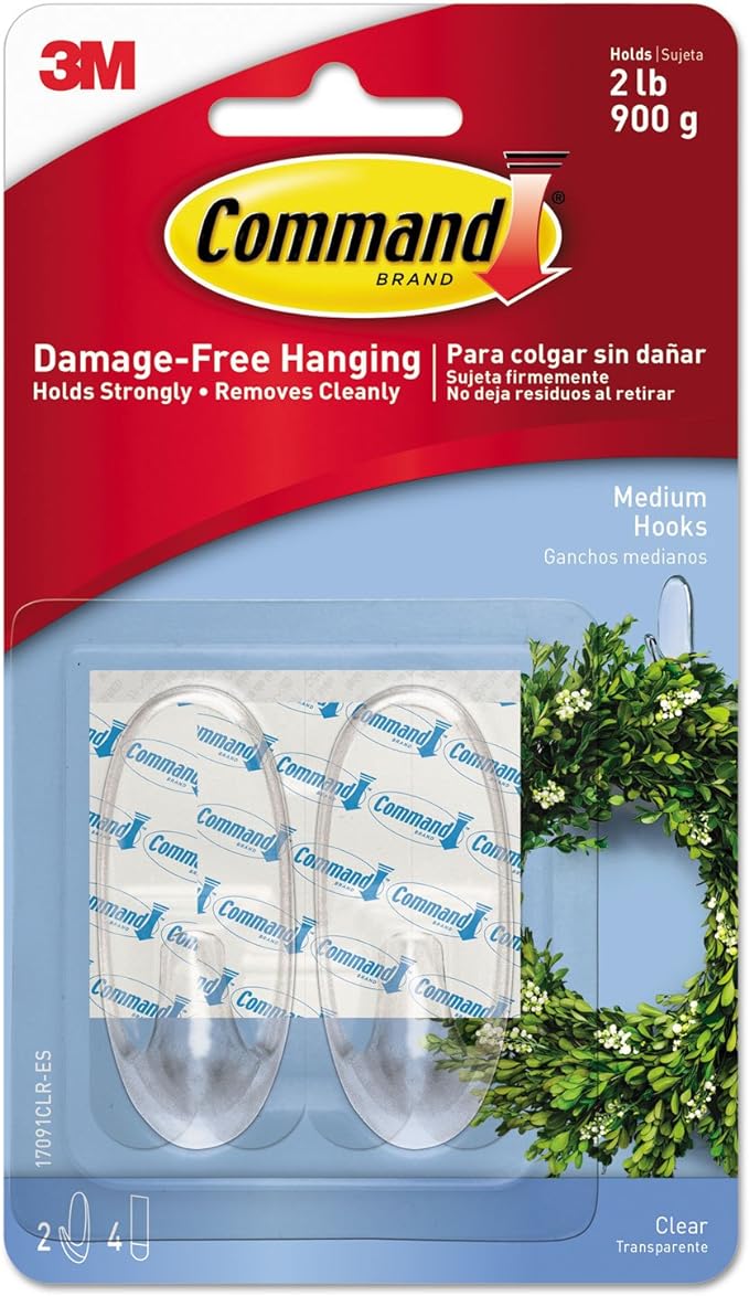 Command Plastic Hooks, Medium, Clear, 2-Hooks