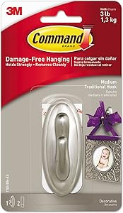 Command Medium Traditional Plastic Hook, Brushed Nickel, 1-Hook, 2-Strips, Decorate Damage-Free