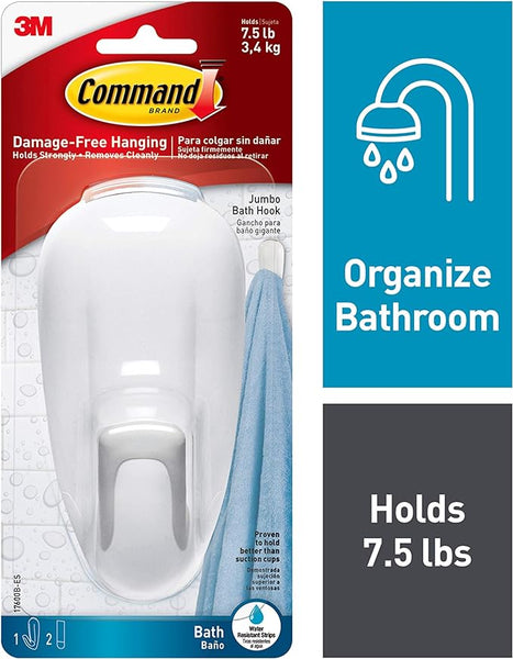 Command Bathroom Wall Hook with Water-Resistant Adhesive Strips, Bathroom Organizer for Hanging Bath Towels and Loofahs, 1 Shower Hook with 2 Command Strips