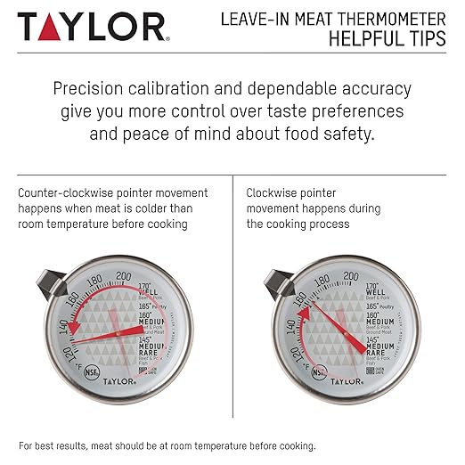 Taylor Leave-in Meat Oven Safe Analog Dial Meat Food Grill BBQ Kitchen Cooking Thermometer, 2 inch dial, Stainless Steel