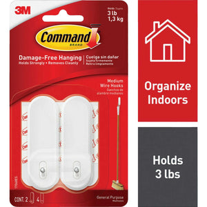 Command Medium Wire Hooks, White, 2-Hooks, 4-Strips, Organize Damage-Free